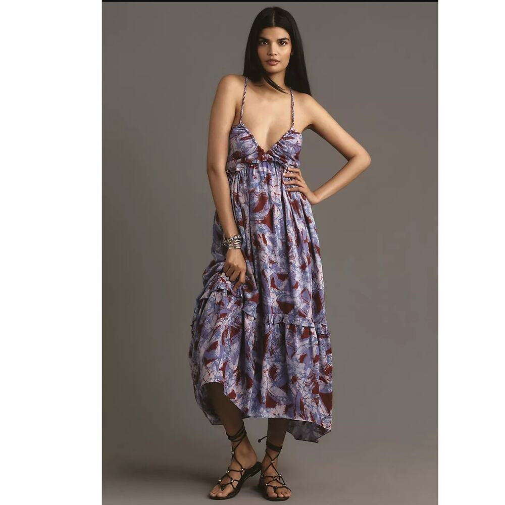 NWT By Anthropologie Sleeveless V-Neck A-Line Midi Dress $228 LARGE Blue Motif